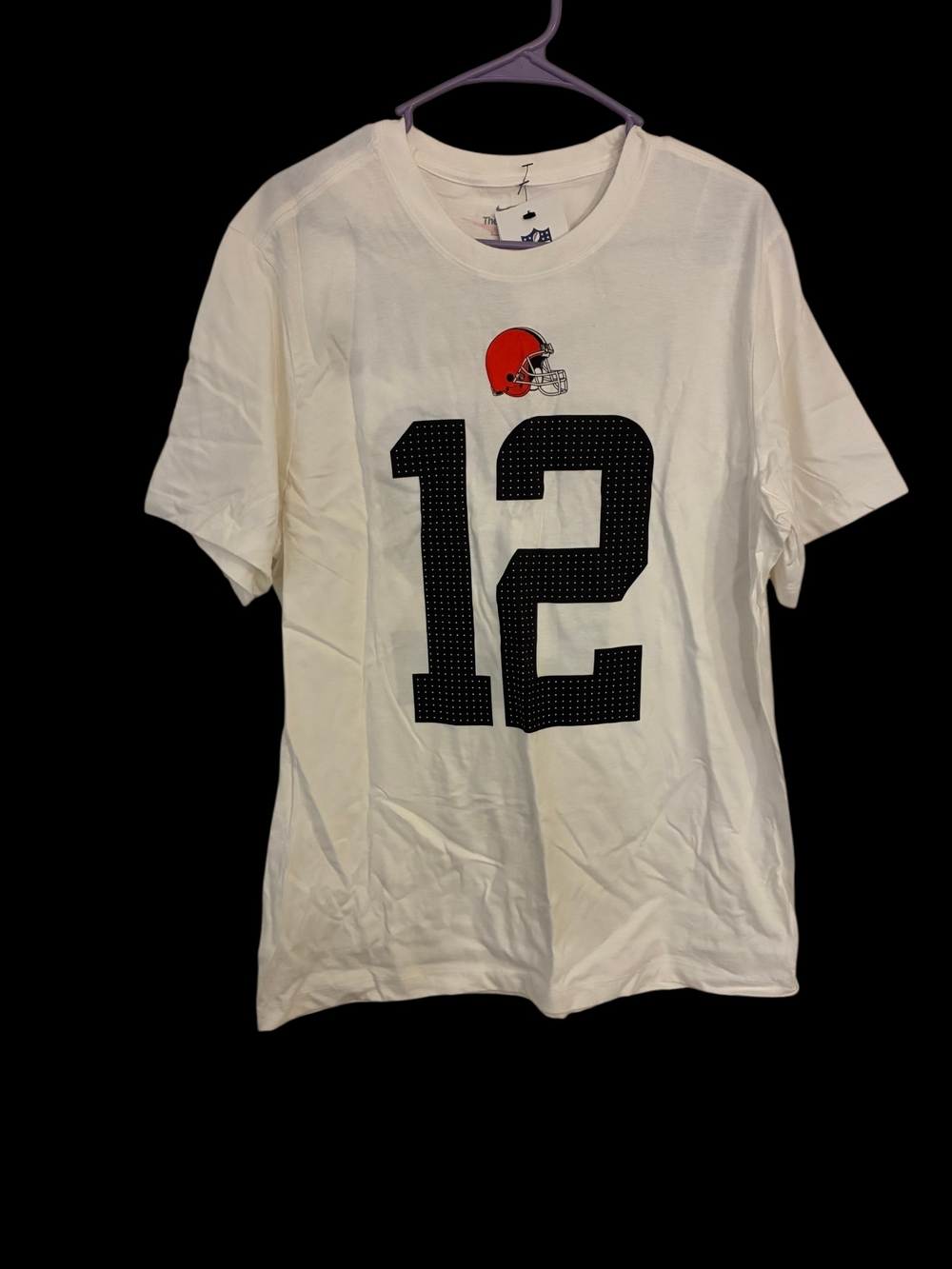 Nike White Short Sleeve Football Tee with Black Number and Orange Helmet